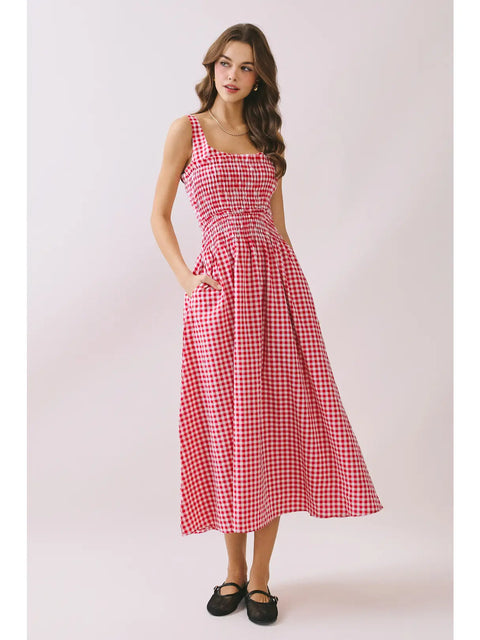 Gingham Smocked Bodice Midi Dress
