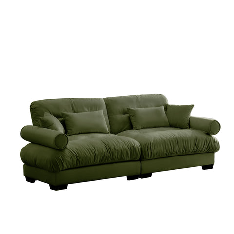 Olive Green Velvet Loveseat Sofa with Cloud Cushions & Bolster Armrests