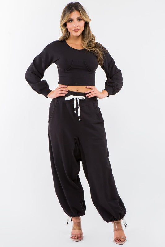 High Waisted Baggy French Terry Pants Black-Pants-LABIJOU-S-Urbanheer