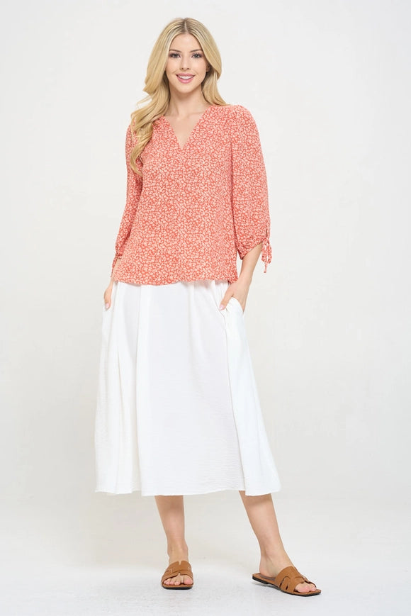 Made in USA Print Top with Self Tie Sleeves-TOP-Renee C.-S-Orange-Urbanheer