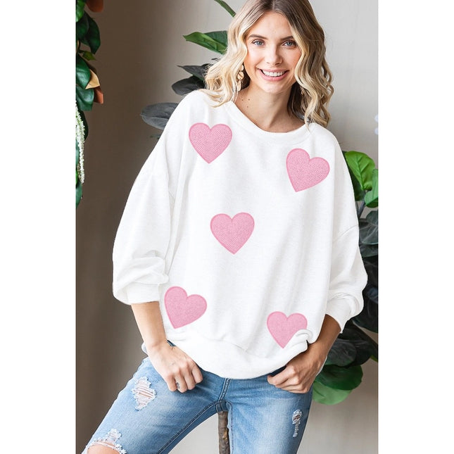 Sequined Heart Patch Sweatshirt-Sweatshirt-Peace Love Line-S-WHITE/PINK HEARTS-Urbanheer