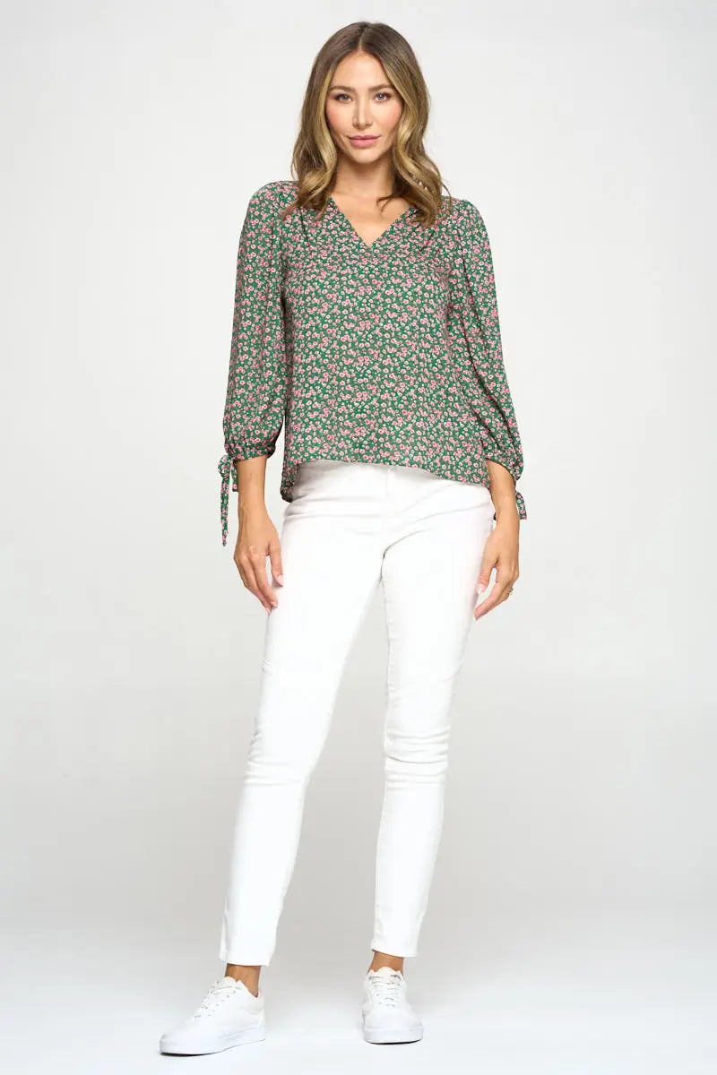 Floral Print Top With Self Tie Sleeves-Renee C.-S-Urbanheer