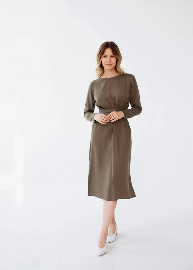 Wrap Linen Dress, Belted Khaki Green Dress For Women Long-Dress-Nich Linen-XXS-Urbanheer