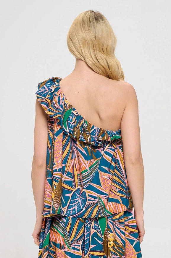 Tropical Leaf Print One Shoulder Top with Ruffle Blue/Orange-TOP-Renee C.-S-Blue/Orange-Urbanheer