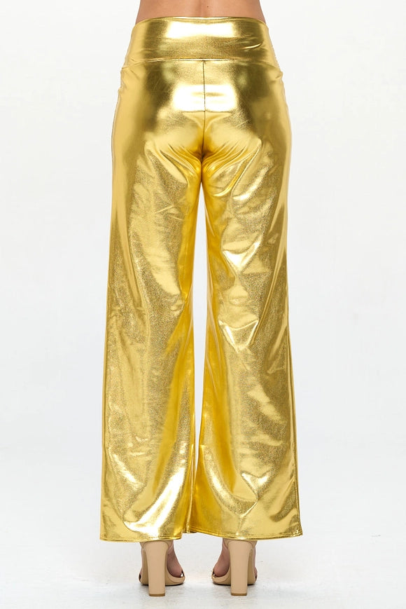 Made in USA Metallic Wide Leg Pants with Thick Waistband GOLD-Pants-Renee C.-Urbanheer