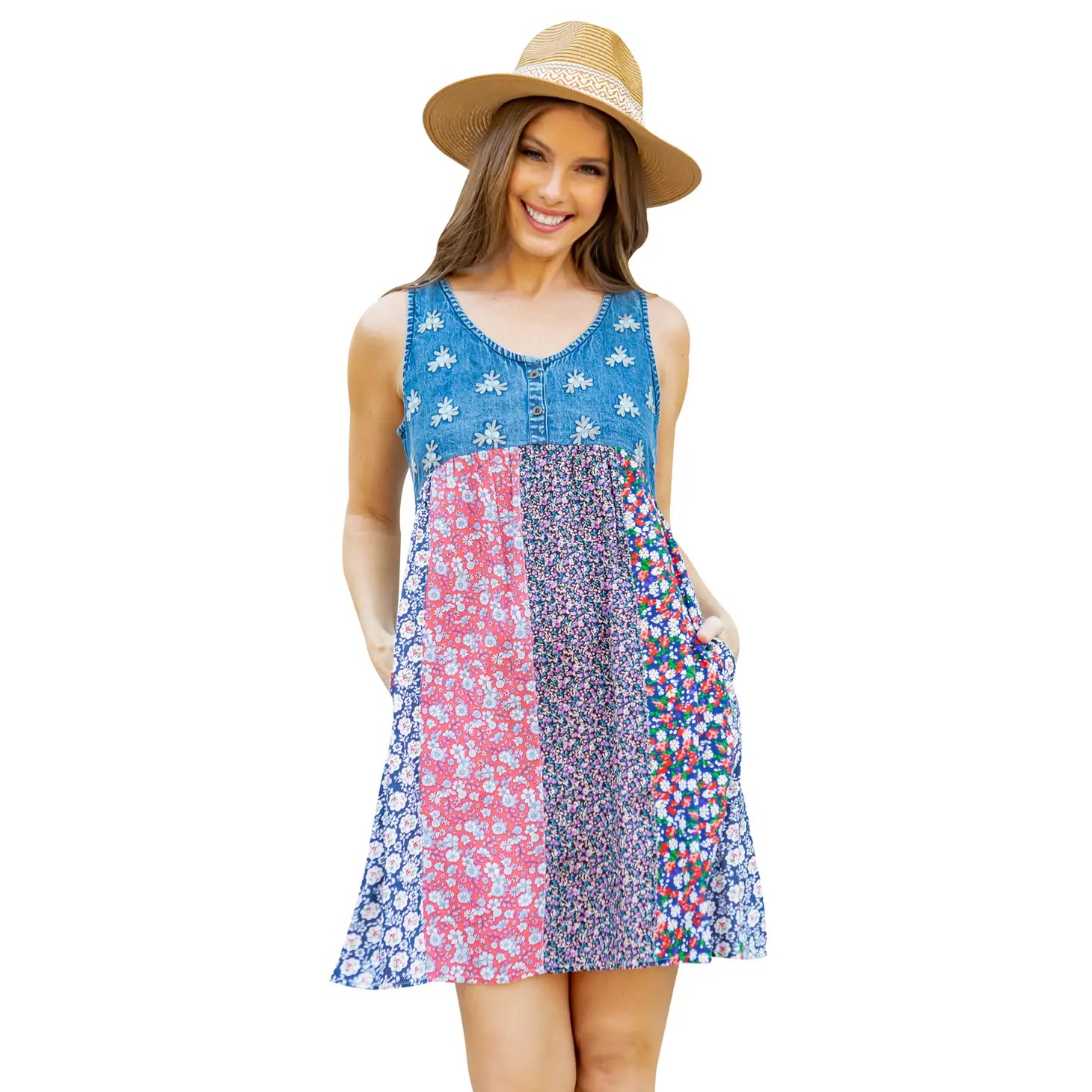 Babydoll Sleeveless Denim Body Embroidery Print Patch Bottom-Young Threads-S-Urbanheer