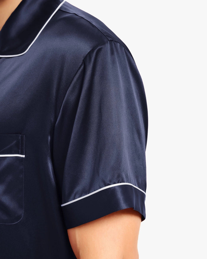 Piped Silk Short Pajamas Navy Blue-Sets-MommeSilk-XS-Urbanheer