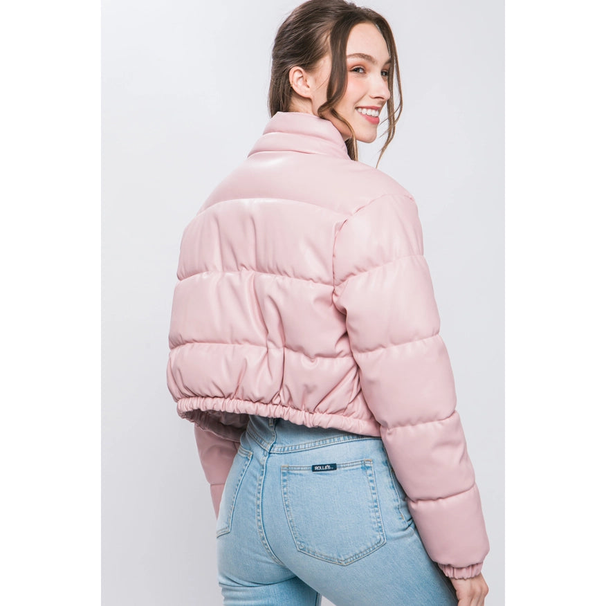Faux Leather Puffer Jacket Pink-Jacket-Peace Love Line-S-Pink-Urbanheer