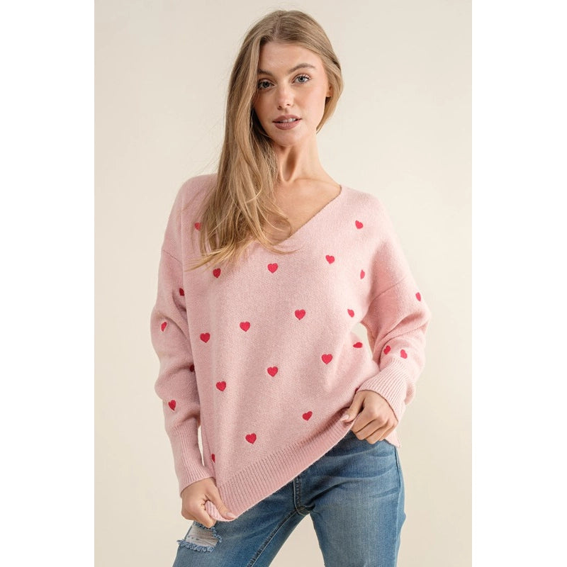 Plus Size Heart Pattern Boxy Knit Pullover Sweater Pink-SWEATER-Pink Irene Wholesale-1X/2X-Urbanheer