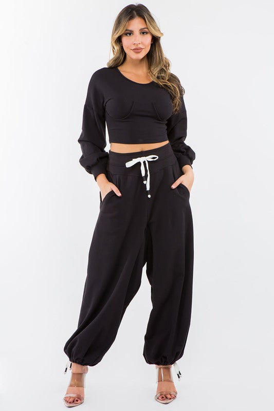 High Waisted Baggy French Terry Pants Black-Pants-LABIJOU-S-Urbanheer