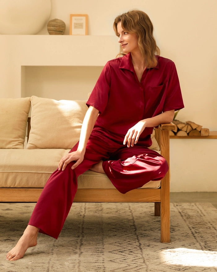 Short Sleeve Silk Pajamas Claret-Pajamas-MommeSilk-XS-Urbanheer