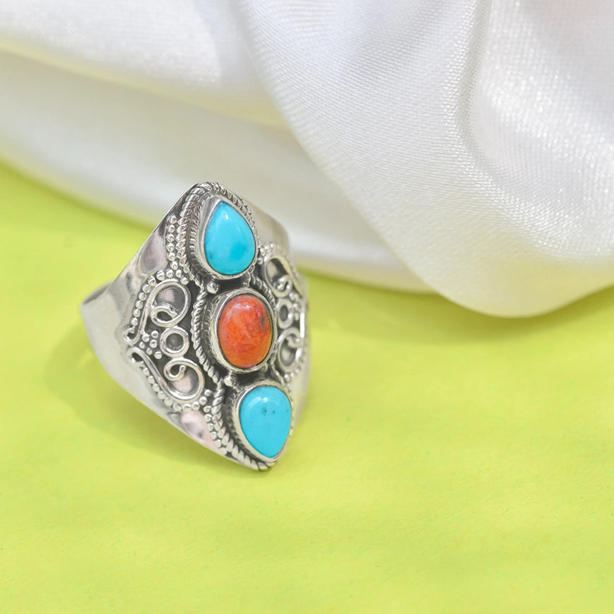 Turquoise 3 Stone Wide Band Boho 925 Sterling Silver Ring-Ring-Tiramisu-6-Urbanheer