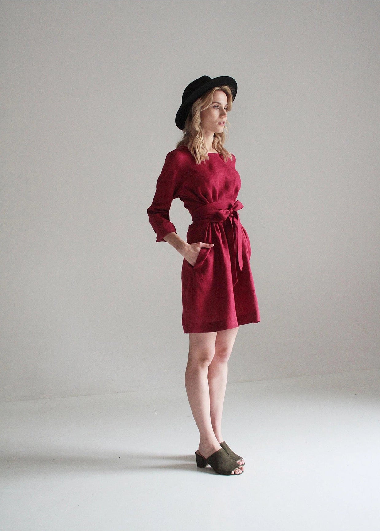 Burgundy Wrap Linen Belted Bridesmaid Dress-Clothing - Women-Nich Linen-XXS-Burgundy-Urbanheer