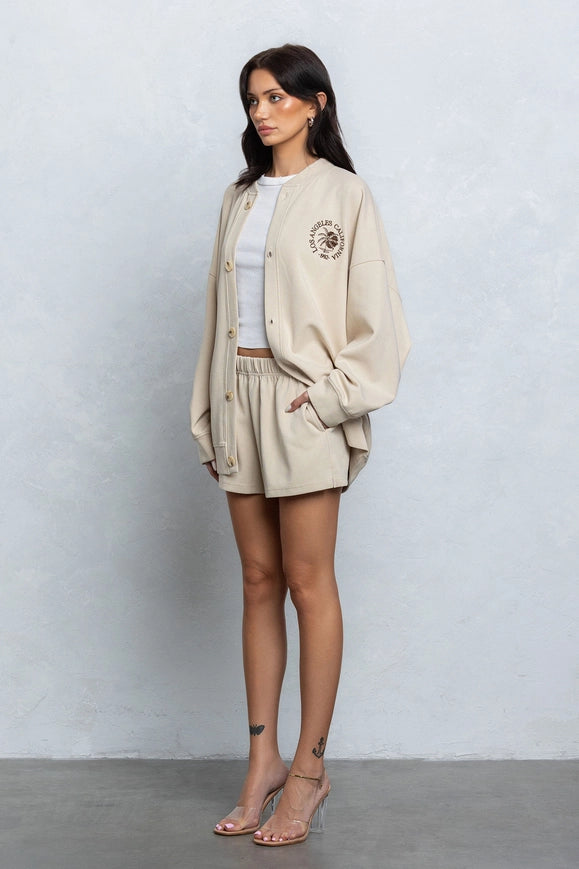 Embroidered Oversize Cardigan and Shorts Set Tan-Sets-No Vacancy-S-Urbanheer