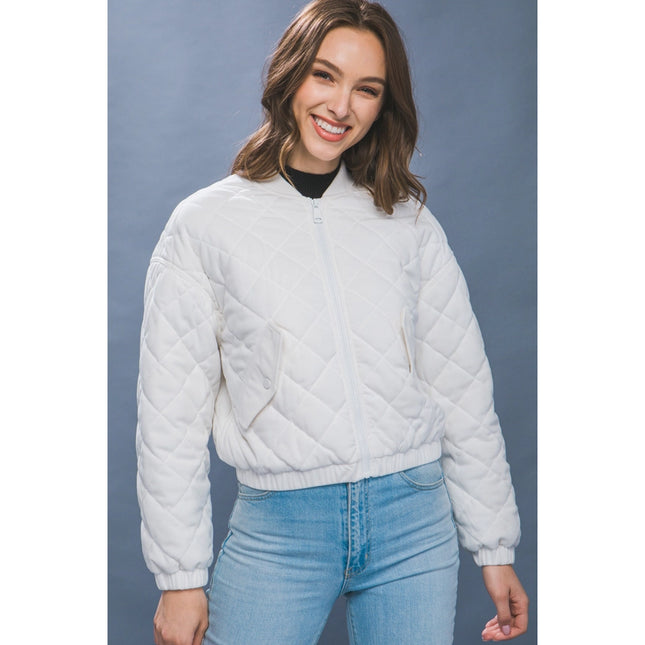 Diagonal Quilt Cropped Sherpa Arm Zip Up Jacket Off White