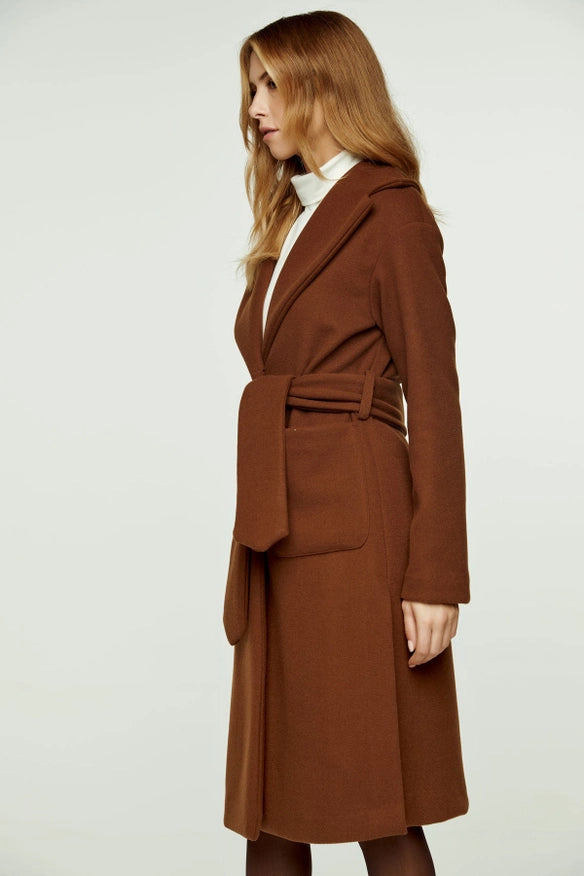 Long Chocolate Faux Mouflon Coat With Belt-COAT-Conquista-Urbanheer