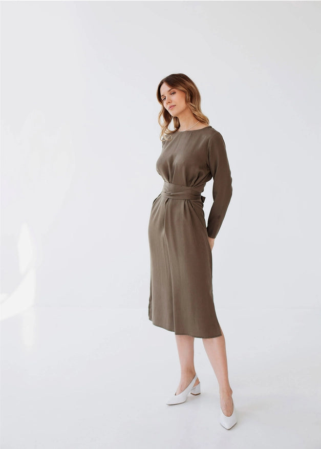 Wrap Linen Dress, Belted Khaki Green Dress For Women Long-Dress-Nich Linen-XXS-Urbanheer