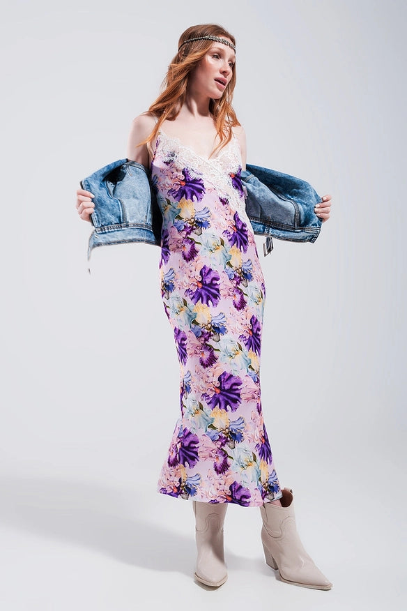 V Back Satin Midi Dress in Purple Clashing Floral Print-Dress-Q2-Urbanheer