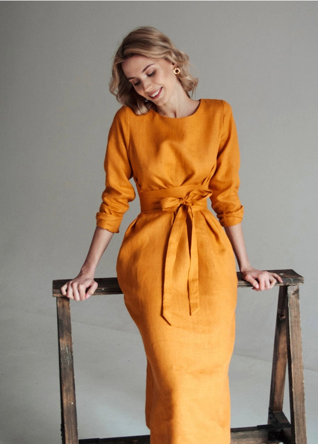 Mustard Yellow Linen Wrap Dress For Women Midi-Dress-Nich Linen-XXS-Urbanheer