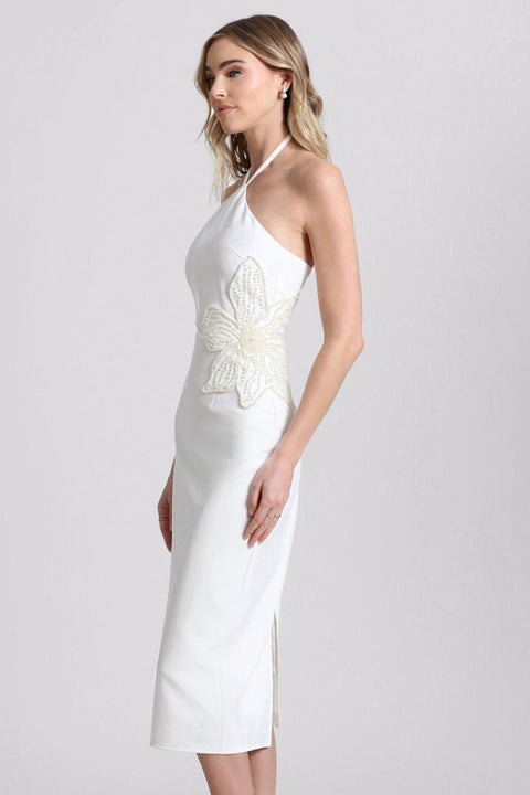 Flower Embellished Cut-Out Halter Dress White/White Flower-Dress-Avec Les Filles-4-Urbanheer