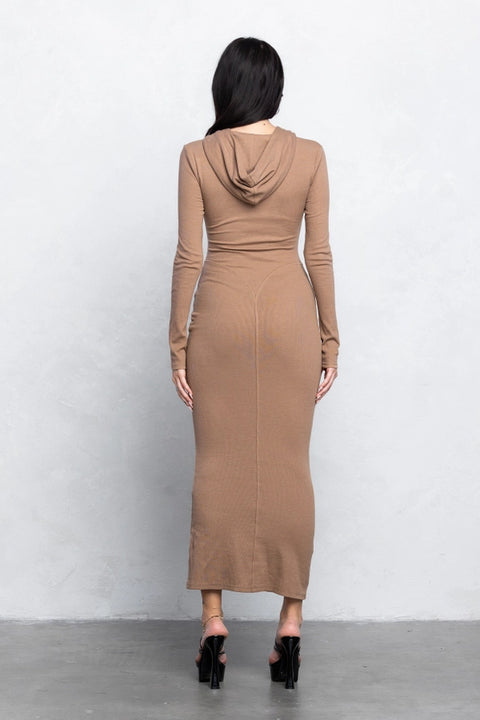 Ribbed Zip Up Maxi Dress w/ Hoodie-Hoodie-No Vacancy-S-Heather Grey-Urbanheer