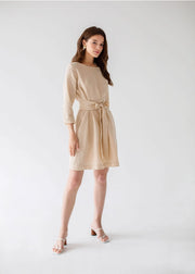 Wrap Linen Belted Beige Bridesmaid Dress For Women Mini-Dress-Nich Linen-XXS-Urbanheer