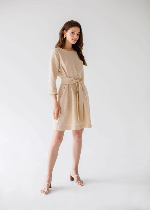 Wrap Linen Belted Beige Bridesmaid Dress For Women Mini-Dress-Nich Linen-XXS-Urbanheer