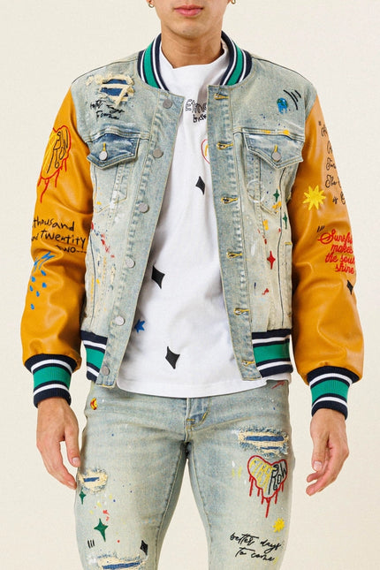 All Over Embroidered Varsity Denim Jacket-Jacket-First Row-Light Stone Sand Tint-S-Urbanheer