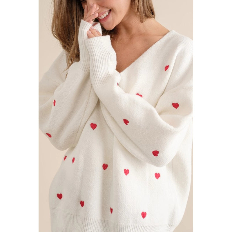 Plus Size Heart Pattern Boxy Knit Pullover Sweater White-SWEATER-Pink Irene Wholesale-1X/2X-Urbanheer