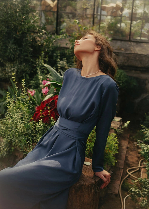 Navy Blue Belted Wrap Dress For Women, Evening Dress-Dress-Nich Linen-XXS-Urbanheer