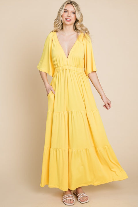 Culture Code Backless Plunge Half Sleeve Tiered Dress-Street 360-LEMONADE-S-Urbanheer