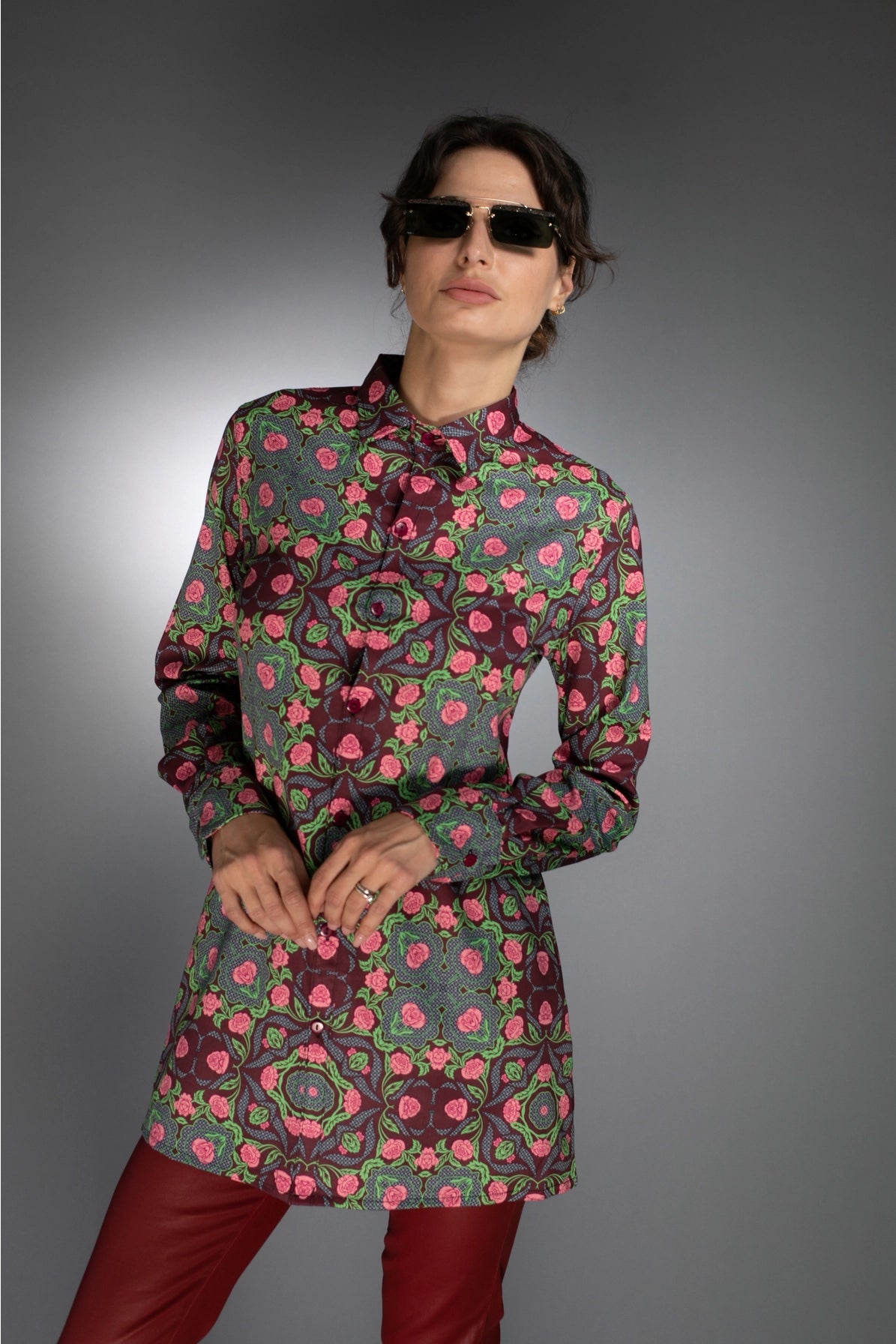 Bold Geometric Pattern Rose Burgundy/Rose Pink-Long Shirt-Nuvula-XS-Urbanheer
