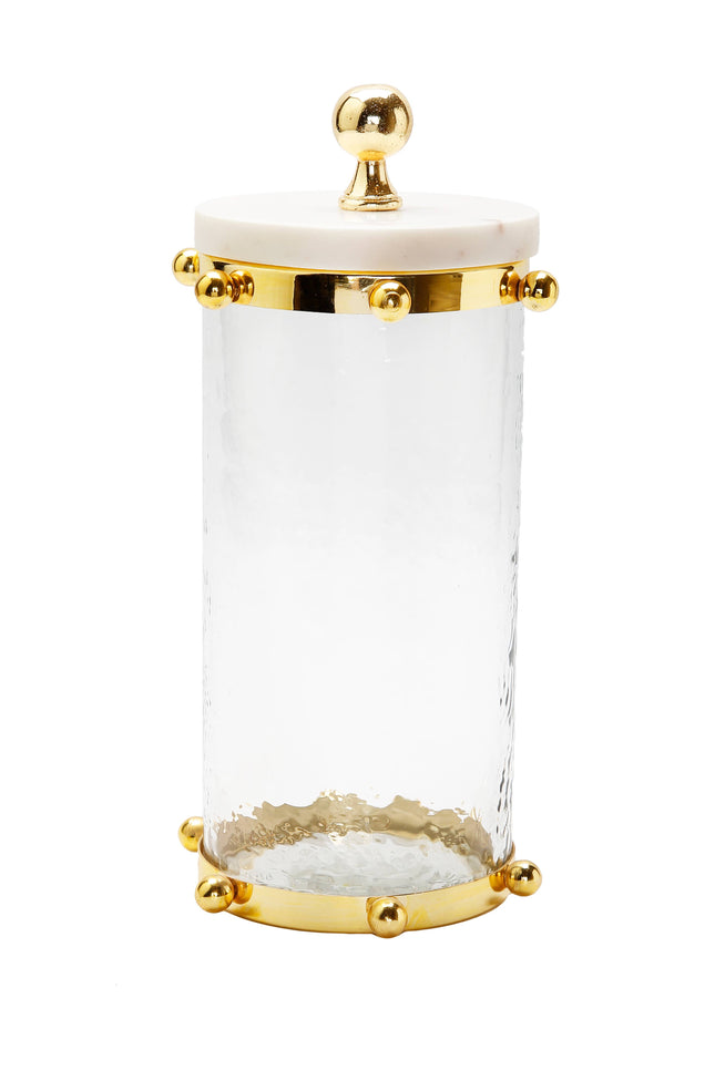 Hammered Glass Canister w/ Gold Ball Design and Marble Cover-CLASSIC TOUCH DECOR INC.-Med-Urbanheer