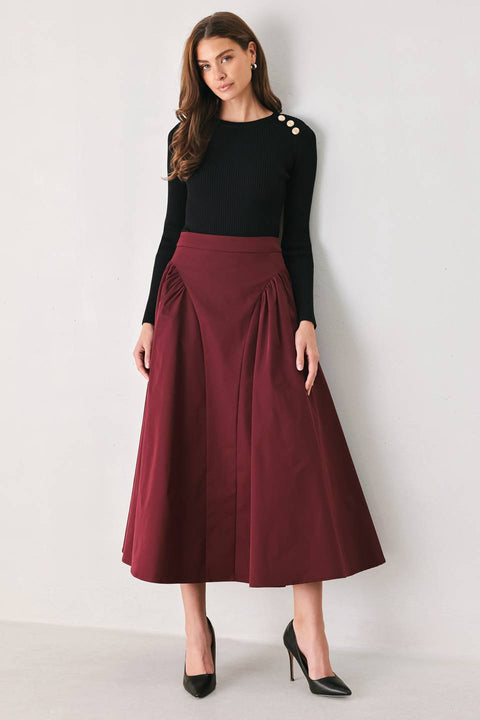 A Solid Woven Midi Skirt - Burgundy