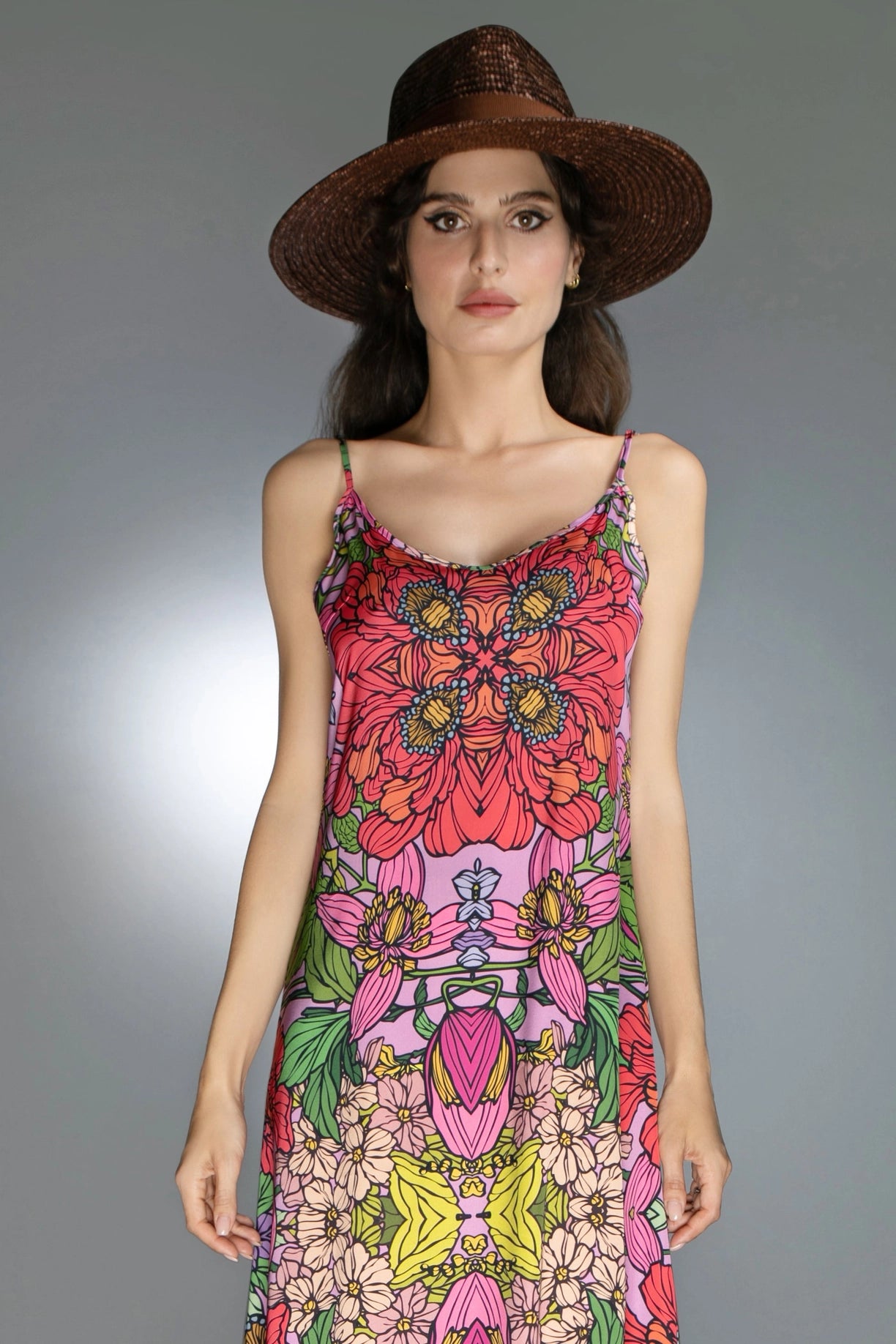 Deep V-Neckline Red Golden Garden Patterns Satin Slip Dress-Nuvula-XS-Urbanheer