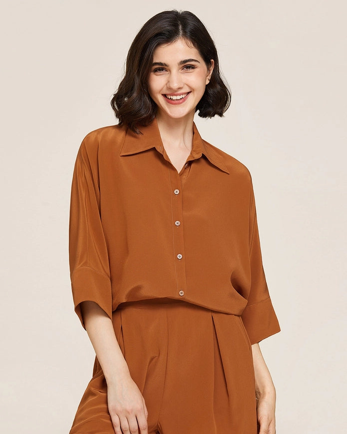 Weekend Oversize Silk Co-Ord Set Maple Syrup-Sets-MommeSilk-XS-Urbanheer