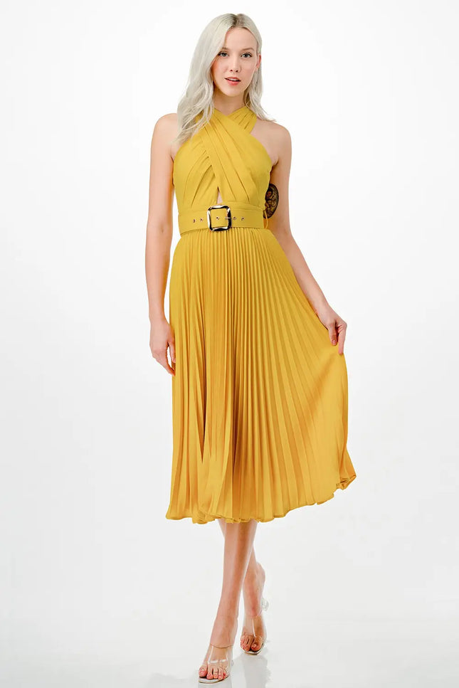 Cross Over Pleats Midi Dress- Mustard-Clothing - Women-Neon Blush-Urbanheer