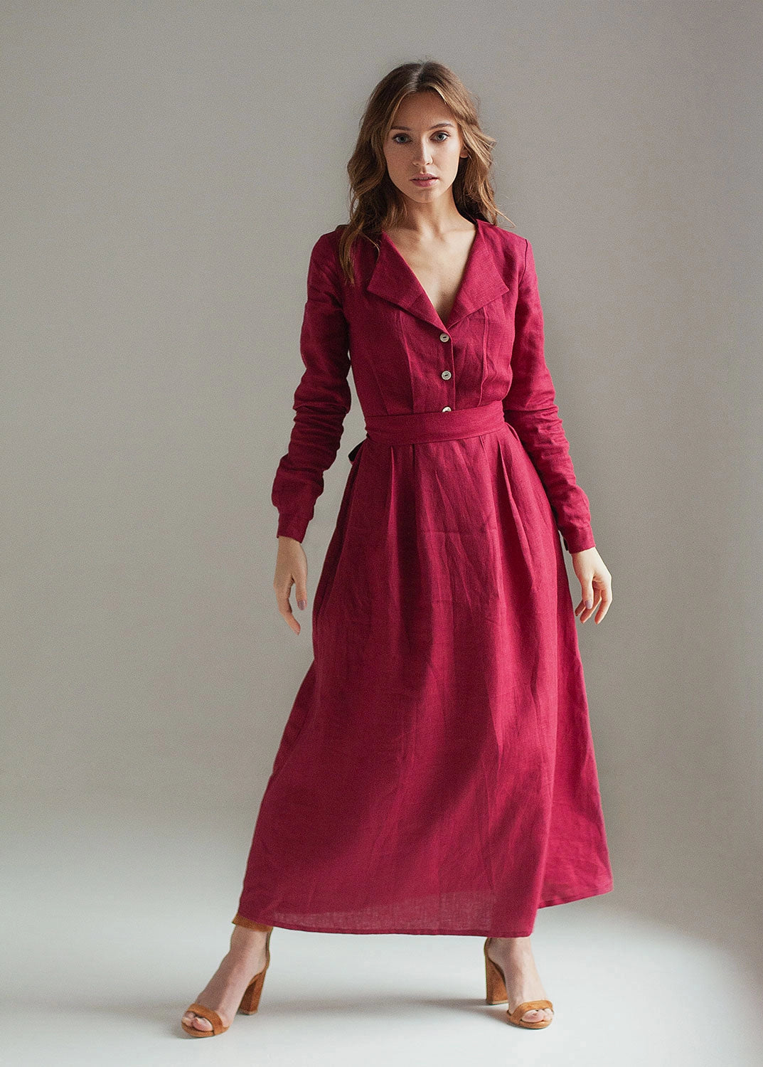 Burgundy Red Linen Dress Maxi With Front Buttons And Collar-Clothing - Women-Nich Linen-Burgundy-XXS-Urbanheer