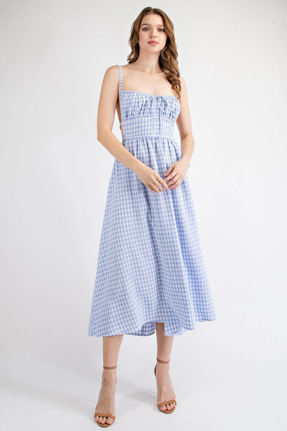Gingham Midi Dress with Open Back Strap BLUE/WHT-Dress-EDIT by NINE-S-Urbanheer