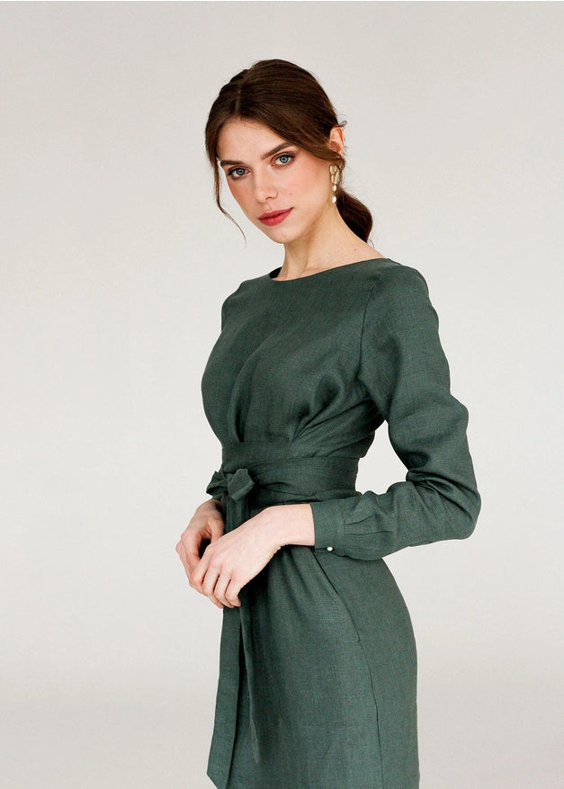 Moss Green Wrap Linen Belted Bridesmaid Dress For Women Long-Dress-Nich Linen-XXS-Urbanheer