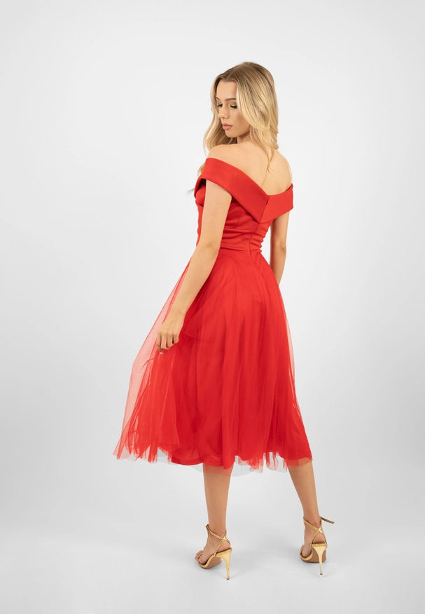 Red Tulle Midi Dress With Slit-Dress-Skirt & Stiletto-8-Urbanheer