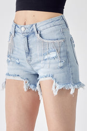 Risen Frayed Hem Denim Shorts With Fringe Detail Pockets-Risen-LIGHT-S-Urbanheer