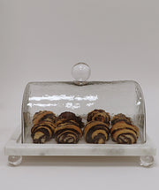 Marble Cake Plater with Glass Cover and Ball Knob - 10.4"L