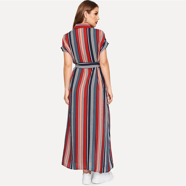 Colorful Striped Belted Hijab Shirt Dress-UHXV-Urbanheer