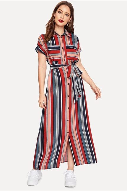 Colorful Striped Belted Hijab Shirt Dress