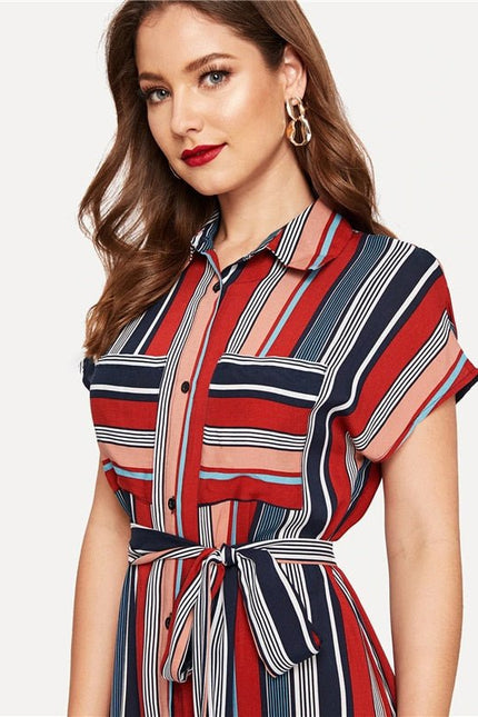Colorful Striped Belted Hijab Shirt Dress