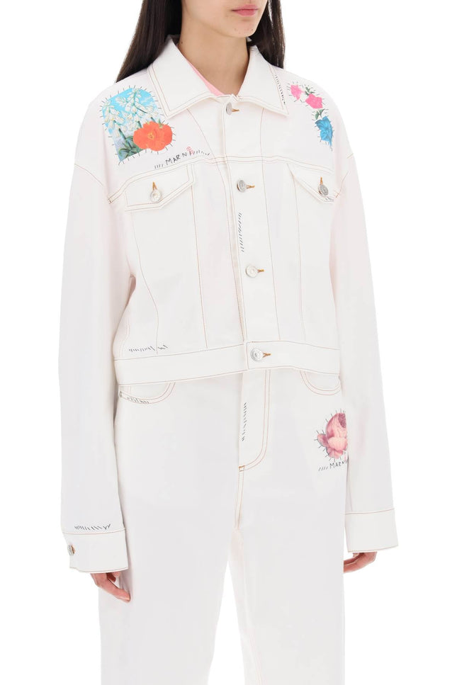 "Cropped Denim Jacket With Flower Patches And Embroidery" - White