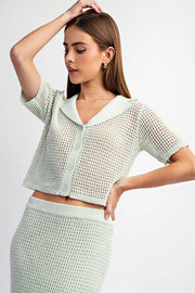 Short Sleeve Open Knit Collared Sweater Top Seafoam-Top-EDIT by NINE-S-Urbanheer