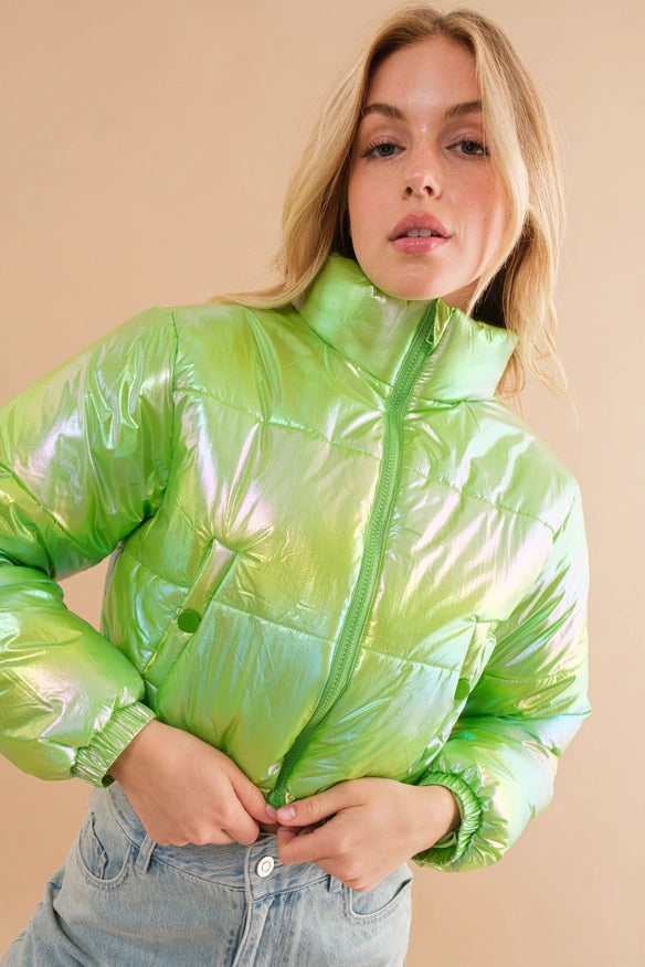 Windbreaker Metallic Puffer Crop Zip Up Jacket Lime-Jacket-Blue B-S-Urbanheer