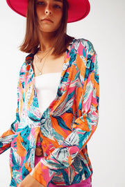Satin Shirt in Floral Print in Orange-Top-Q2-S-Urbanheer